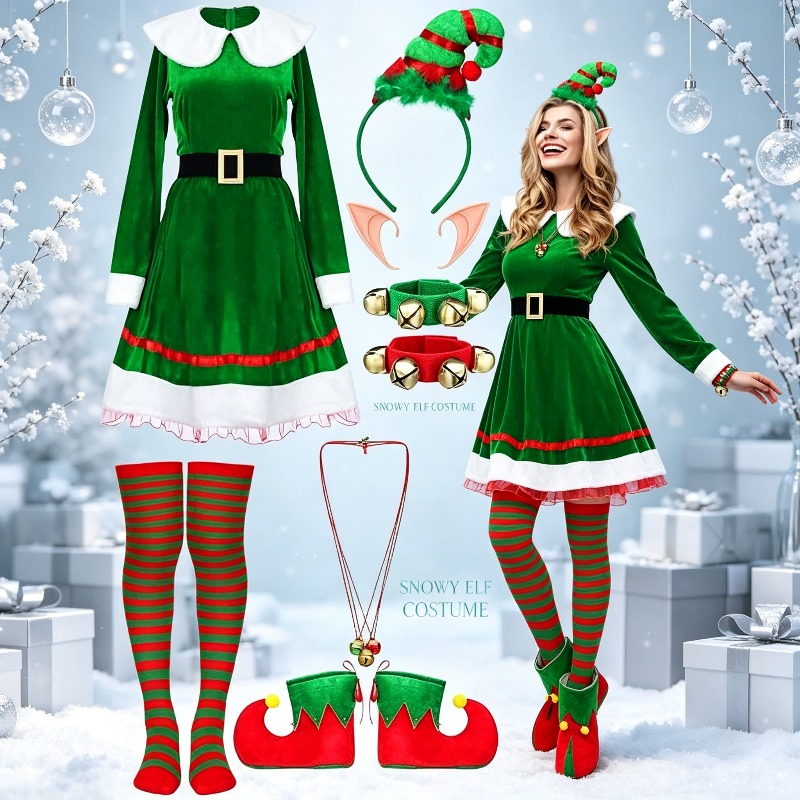 Elf Costume Christmas - Weihnachts-Elfen-Kostüm-Set für Damen, Samtkleid mit Gürtel,